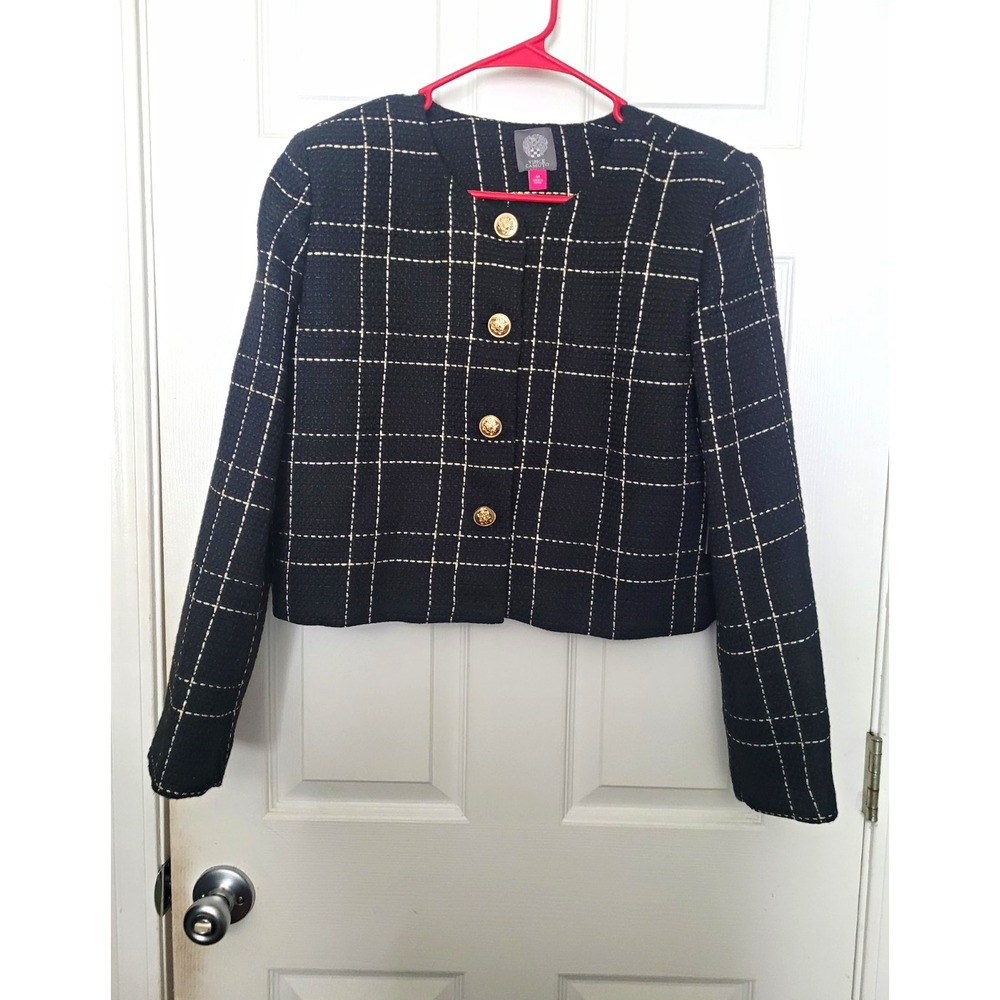 Nwt Vince Camuto Black Tweed Cropped Jacket Plaid Windowpane Gold Buttons Medium